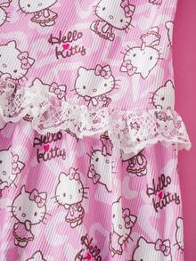 HELLO KITTY AND FRIENDS | SHEIN Women's Sweet Cat Print Contrast Lace Frill Trim Dress - Baby Pink - View 5