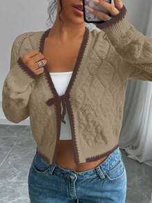 Selianne Cardigan Pullover Lengan Panjang Bertekstur Berlian Serbaguna Gaya Kasual Prancis untuk Wanita - Khaki - View 4