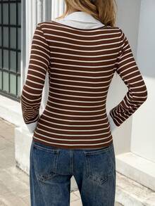 Chiquease [Herbst Neuankunft: Eleganter Preppy - Stil 2 in 1] Retro Braun - Weiß Fein - Gestreiftes Slim - Passform Gestricktes T - Shirt, mit weißem Hemdkragen & Manschetten, ein sanfter und schicker Slim - Passform Langarm Layering Top - Kaffeebraun - Übersicht 2