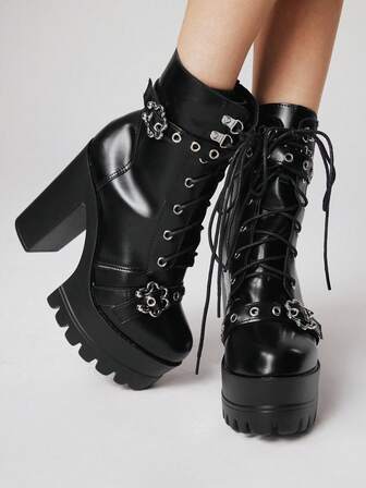 Grunge Punk Women's Gothic Metal Buckle Round Toe Platform Chunky Heel Punk Boots, PU Black High Heel Boots Suitable For Party, Daily Wear, Evening Dress, Height Increase And Leg Elongation