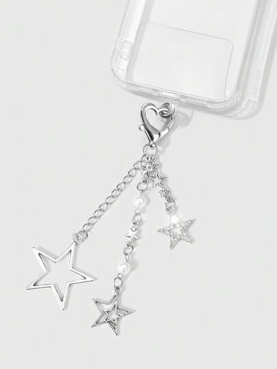 Kawaii 1pc Y2K Fashion Delicate Casual Versatile High-Quality Silver Chain White Faux Pearl Rhinestone Hollow Star Decor DIY Heart Keychain Bag Charm Phone Pendant Cup Accessory, Comes With Phone Holder Sticker & Heart Decor, Suitable For Women, Great Gift