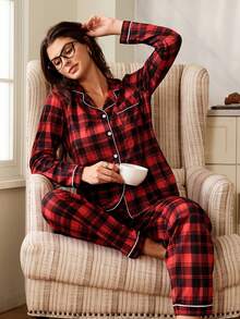 SHEIN Women's Casual Red Plaid Print Long Sleeve Top & Pants Pajama Set With Collar Fall Winter Clothes, Christmas - Multicolor - View 6