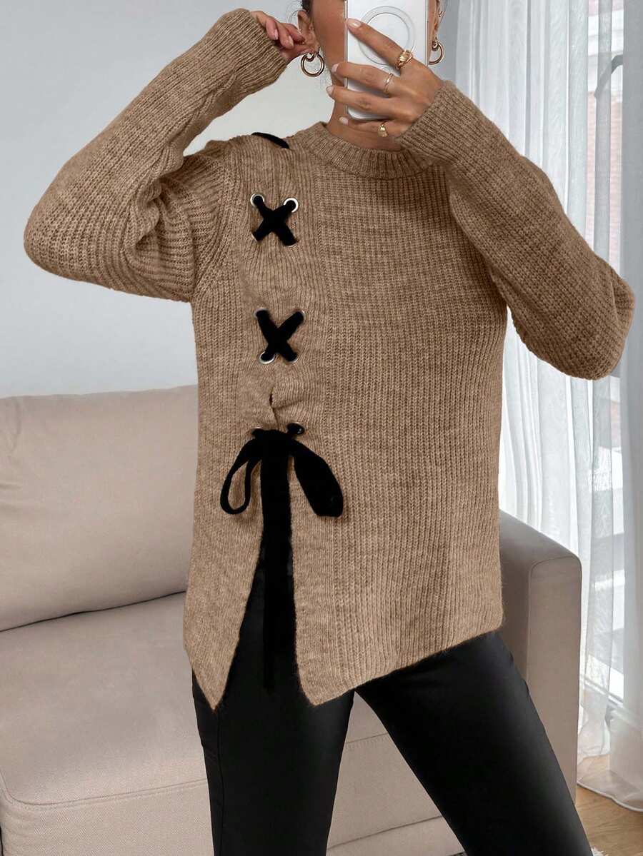 SHEIN Tall Tall Casual Contrast Color Cross Cord Placement Rib Knit Sweater With Slit - Beige - View 1