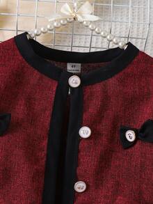 SHEIN Elladie kids 年轻女孩休闲撞色蝴蝶结装饰夹克和百褶迷你裙套装，适合日常、通勤、上学、秋季 - 酒紅色 - 查看 4