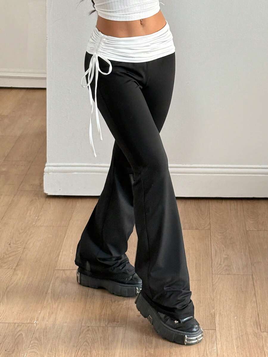 Coolane Quần ống loe Y2K cổ điển màu đen có dây rút bên hông dành cho nữ, phong cách đường phố đa năng - Đen và trắng - Xem 1
