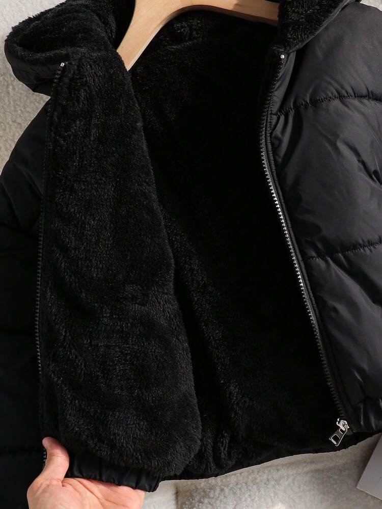 少女休闲短款连帽棉衣，保暖内衬，宽松版型，舒适，适合秋冬季日常穿着、户外、派对、拍照 - 黑色 - 查看 8