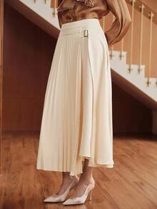 Uhlyne Uhlyne Women's Fashion Minimalist Buckle Detail Pleated Skirt - Apricot - View 4