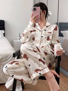 Asian Style Dream Adore Women's Apricot Base Teddy Bear Bow Heart Print Faux Silk Lapel Top & Pants Pajama Set Women Pajamas Fall Winter Clothes
