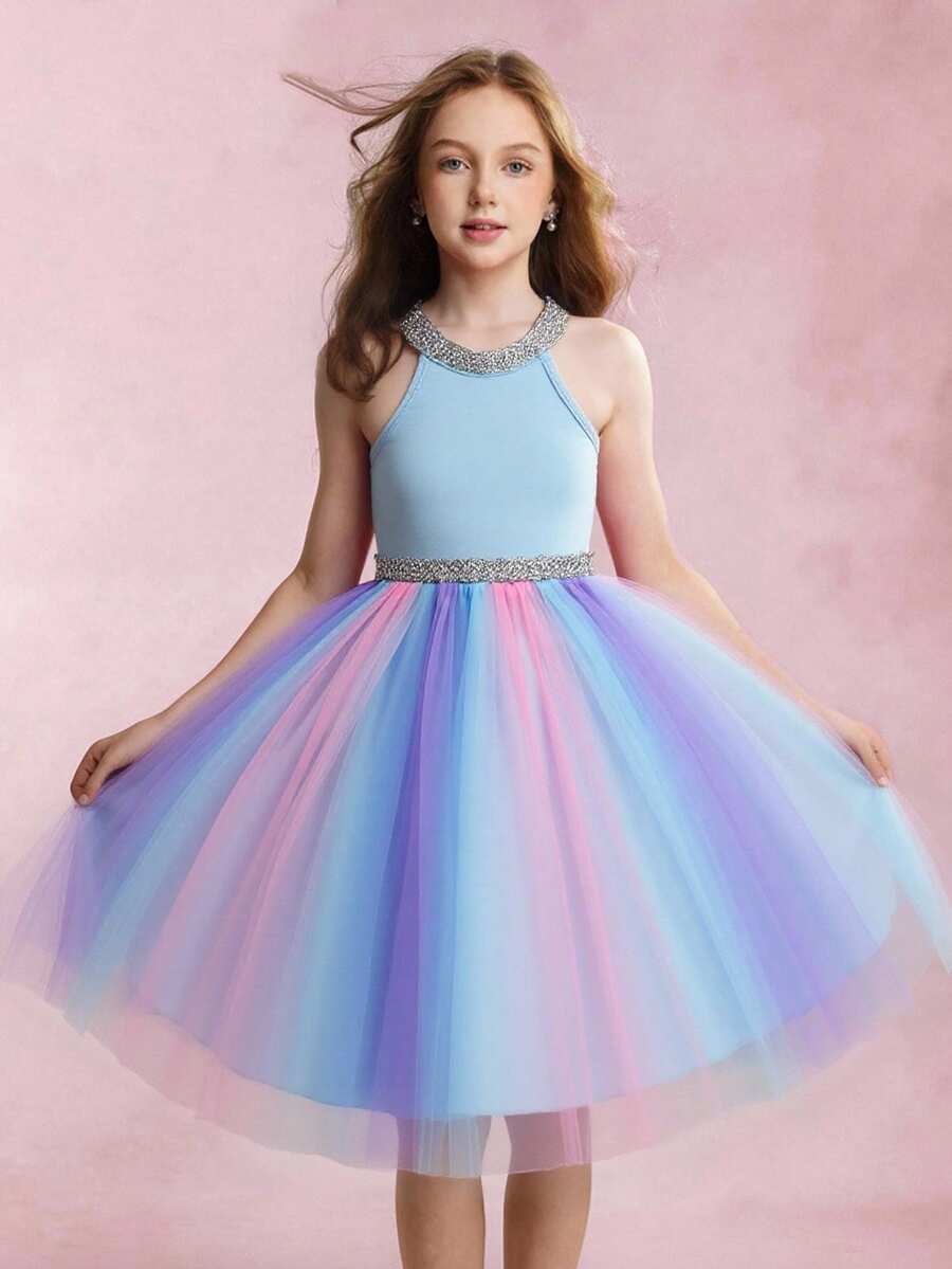 Tween Girls Rainbow Halter Dress, Princess Light Formal Dress For Summer - Baby Blue - View 1