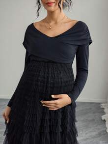 Momance Elegant Twist Knot Off-Shoulder Asymmetric Ruffle Hem Maternity Dress - Black - View 7