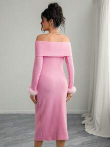 Momance Maternity Long Sleeve Fuzzy Off Shoulder Bodycon Dress - Pink - View 3