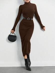 SHEIN Tall Solid Long Sleeves Turtleneck Ribbed Knit Sweater Dress - Brown - View 3