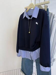 INAWLY Plus Size Casual Patchwork Striped 2 In 1 Embroidered Knight Sweatshirt, Autumn - Navy Blue - View 1