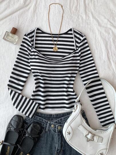 Tween Girls Long Sleeve T-Shirts, Suitable For Valentine's Day, Loungewear, Clean Girl, American BM Style, Y2K, Black & White Striped Knit U-Neck