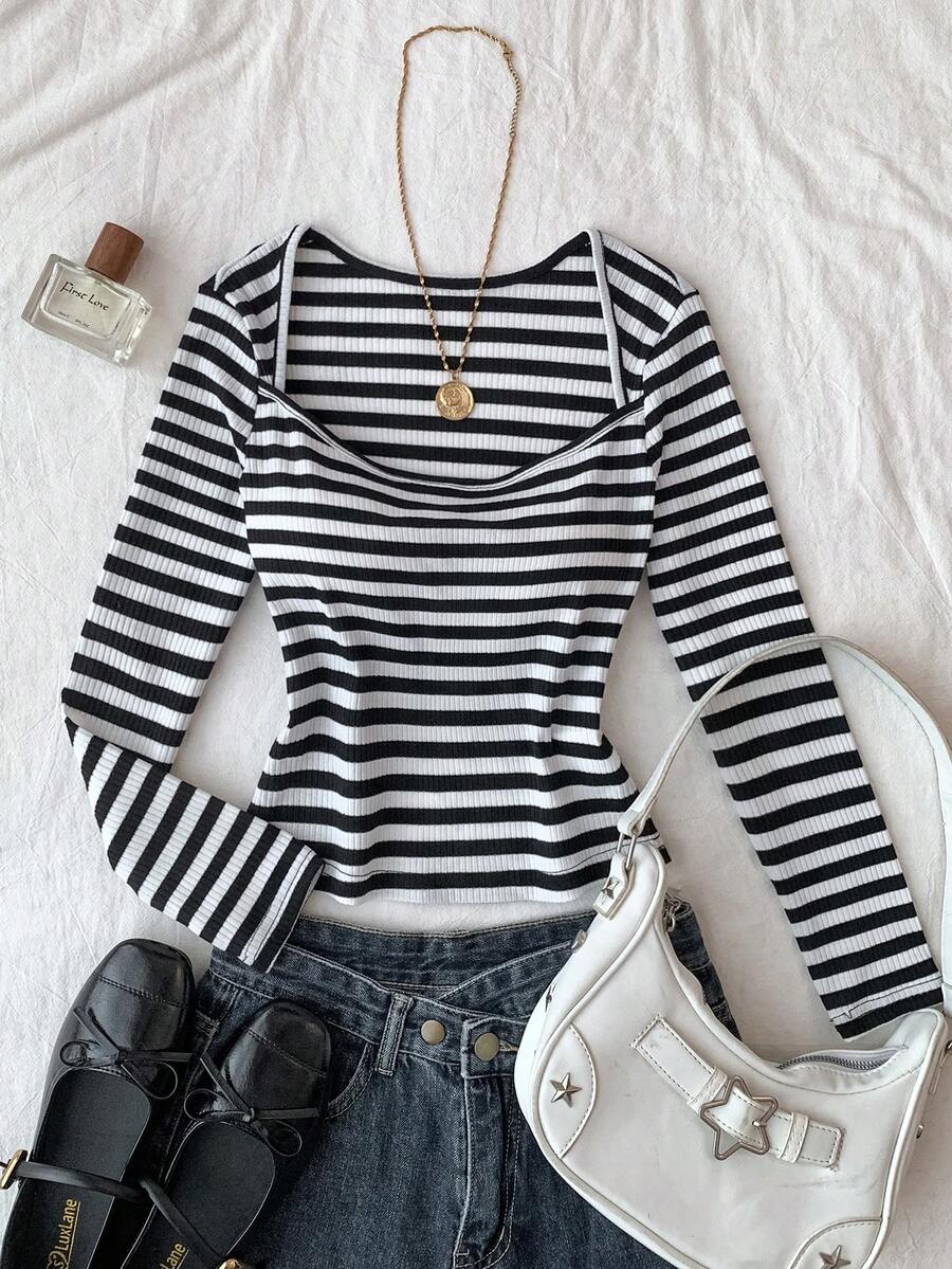 Tween Girls Long Sleeve T-Shirts, Suitable For Valentine's Day, Loungewear, Clean Girl, American BM Style, Y2K, Black & White Striped Knit U-Neck