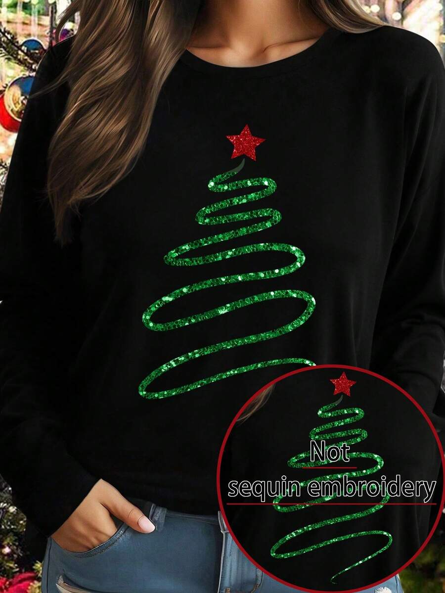 SHEIN LUNE Plus Size Christmas Tree Print Crew Neck Casual Long Sleeve T-Shirt, Graphic Tees, Women Tops For Spring - Black - View 1