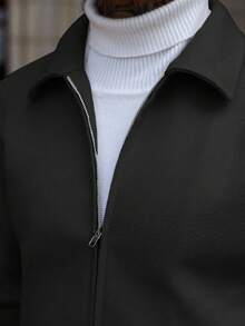 Manfinity Homme Men's Casual Solid Color Zip-Up Collar Long Sleeve Overcoat - Black - View 3