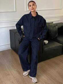 DAZY Women's Casual Solid Color Jacket And Wide Leg Jeans Suit, Autumn - Dark Wash - View 7