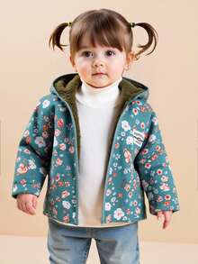 SHEIN Vintaside Kids 復古牛仔女孩可愛碎花連帽夾克 嬰兒女寶寶拉鍊開合保暖內裡休閒時尚冬季外套 新生女嬰 - 綠色 - 查看 3