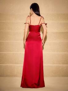 Vestido de satén con hombros descubiertos, decoración de moño en la cintura, dobladillo acampanado y abertura lateral, adecuado para bodas, bailes de graduación, cumpleaños, Halloween, Navidad - Burdeos - Ver 2