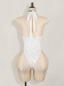 SHEIN ICON Rhinestone Embellished Deep V-Neck Halter High Slit Backless Bodysuit For Women - White - View 2