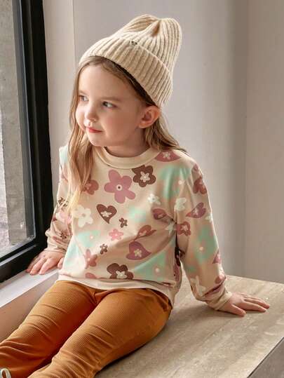 Set de 2 piezas de sudadera con estampado floral y pantalones acampanados de color liso, conjunto tejido lindo para otoño para niñas jóvenes