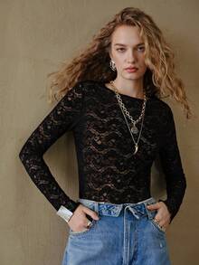 MOTF STUDIO LACE SHEER KNIT LONG SLEEVE T-SHIRT - Black - View 7