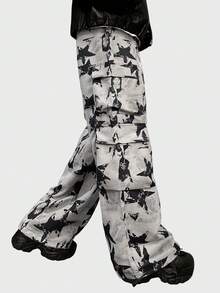 ROMWE MEN Street Life Spring Casual Camo Men'S Letter & Pentagram Star Print Cargo Pocket Wide Leg Pants - Grey - View 3
