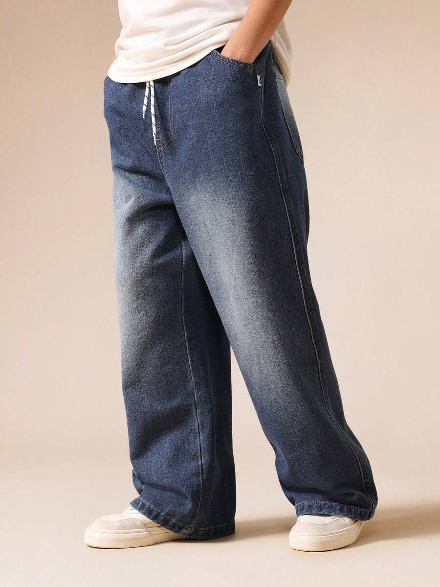 SUMWON 刺绣 Logo 阔腿抽绳牛仔裤，休闲街头风度假必备 - 藍色 - 查看 1