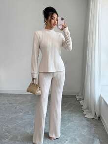 Elenzga 2pcs Women Casual Long Sleeve T-Shirt And Pants Set, Thermal Lined, Autumn/Winter - Apricot - View 3