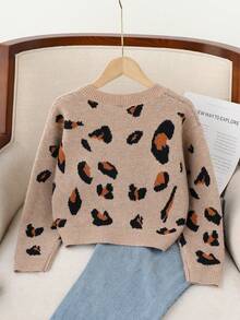 Tween 女童卡其色豹纹纽扣开衫，手工蝴蝶结，柔软舒适，适合日常、户外、旅行、度假、居家、日托和儿童玩耍冬季圣诞节万圣节 - 卡其色 - 查看 3