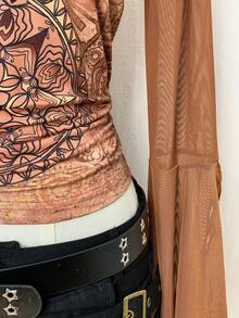 EgrlEra Women's Graphic Print Mesh Fabric Metal Ring Sexy Retro T-Shirt