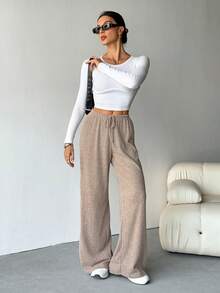 SHEIN Tall 女式罗纹拉绒阔腿裤，适合秋冬季 - 卡其色 - 查看 4
