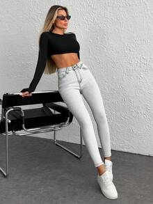 EURMUSE Quần Jeans Denim Thường Ngày Có Nút Túi Phía Trước Cho Nữ, Mặc Hàng Ngày - Màu Xám nhạt - Xem 5