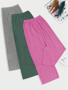 Loomlin 100%Cotton 3 Pcs Solid Knit Pant Set Lounge Pants For Women Sleep Pants Cotton Pajama Pants Ribbed Knit Pants - Multicolor - View 2