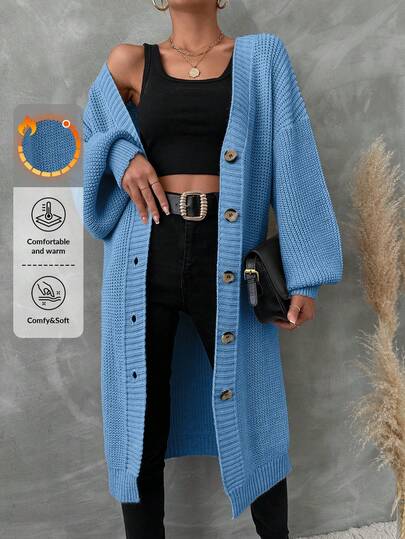 EURMUSE Women's Solid Color Drop Shoulder Long Sleeve Single-Breasted Long Cardigan, Casual, Autumn/Winter