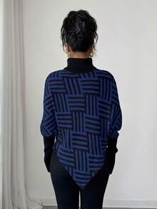 Elenzga Women's Elegant High Neck Geometric Textured Poncho Sweater, Colorblock, Suitable For Home & Travel, Spring/Autumn - Blue - View 2