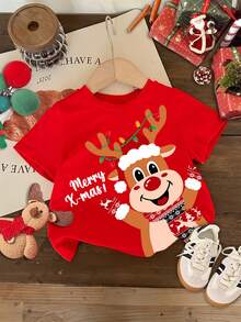 SHEIN Blusa de manga corta y cuello redondo con estampado de renos de dibujos animados, roja y festiva, ideal para niña en Navidad. Colección navideña nueva, adecuada para capas en verano.