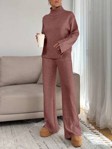 SHEIN Tall Women Relaxed Fit Turtle-Neck Sweater With Rib Knit Detailed And Straight Knit Pant Set, Tall Women - Dusty Pink - View 5