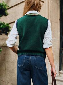 Écloséra 女士休闲宽松圆领无袖针织撞色饰边卡其色毛衣上衣，春秋季 - 墨綠色 - 查看 2