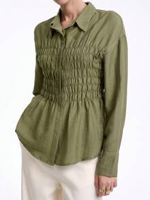 Aalyst Áo kiểu Pháp thanh lịch sang trọng thường ngày đi làm đi chơi văn phòng phong cách cổ điển màu trơn vải lanh xương cá cổ áo sơ mi có dây rút eo dáng chữ A tay dài, phù hợp cho mùa xuân, mùa thu và mùa đông - xanh quân đội - Xem 4