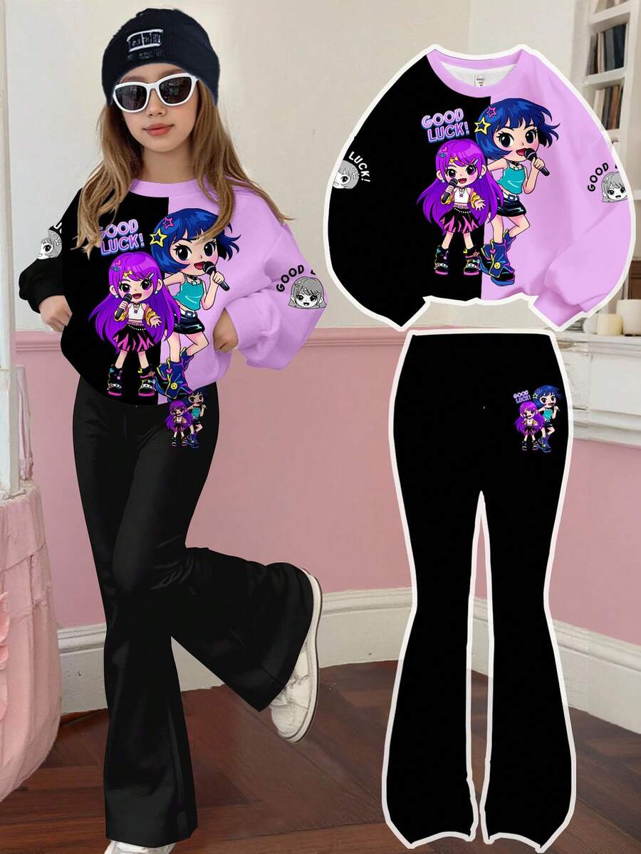 SHEIN Leap Crew 2pcs/Set Tween Girls Streetwear Contrast Color Purple & Black, K-POP Cartoon Girl Graphic Thick Soft Comfortable Loose Crew Neck Long Sleeve Sweatshirt And Flare Pants, Suitable For Autumn Daily, Streetwear, Campus, Autumn & Winter Outfits - Multicolor - View 1