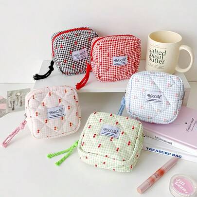 Organizador de viaje con diseño de cereza - Estuche para lápiz labial, toallas sanitarias y auriculares