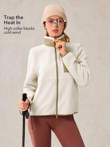 OutZeal 女士保暖抓绒立领口袋户外抓绒外套秋冬季徒步露营 - 杏色 - 查看 3