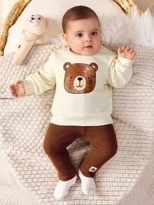 Cozy Pixies Newborn Baby Girl Cartoon Bear Pattern Knit Soft Crew Neck Long Sleeve Pullover Top And Elastic Waist Pants 2-Piece Set - Apricot - View 5
