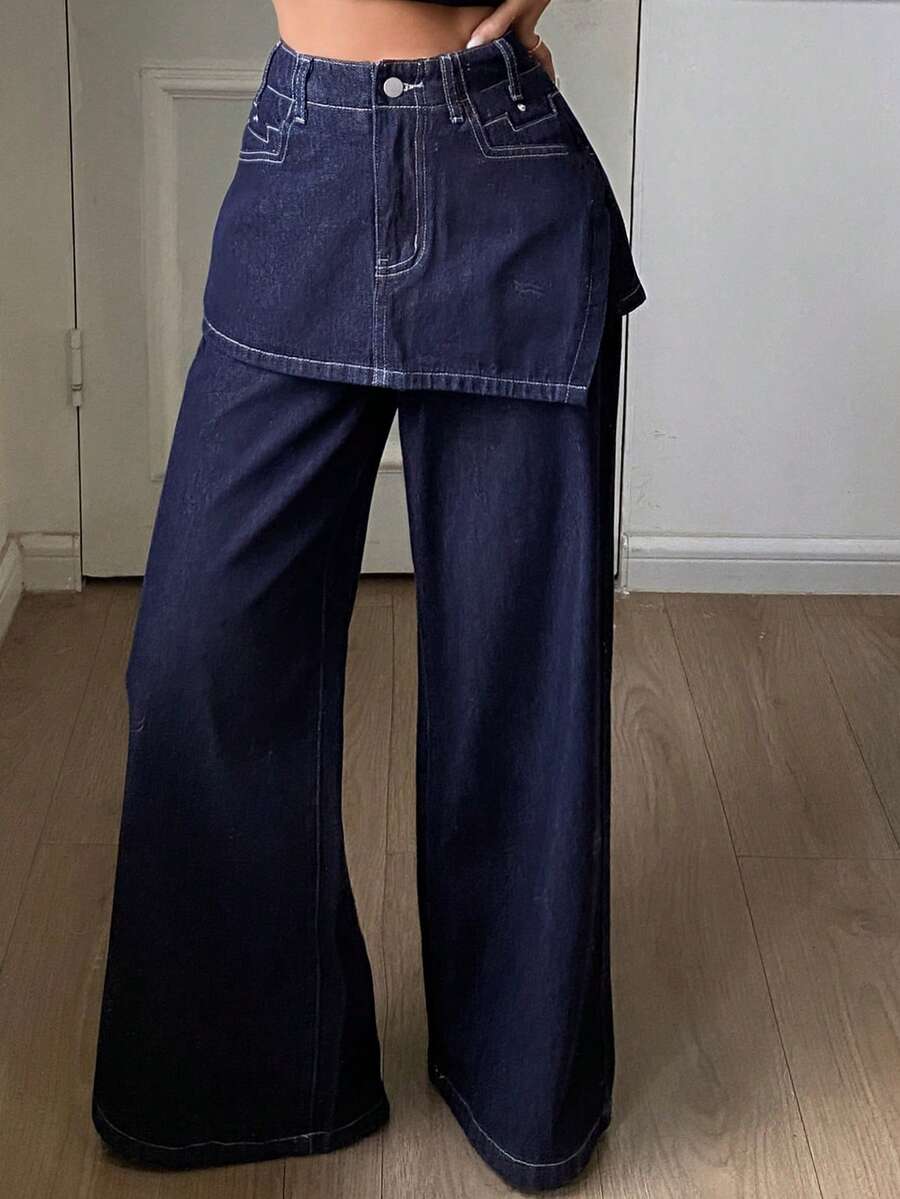 DAZY 2pcs Western Cowgirl Loose Wide Leg Pants & Skirt Set, Casual Street Style For Women, Autumn/Winter Women Jeans - Blue - View 1