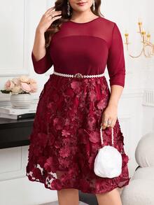 Reflora 大码贴花网眼拼布圆领优雅连衣裙 - 酒紅色 - 查看 7