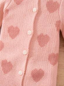 SHEIN Baby Girl Heart Pattern Long Sleeve Single-Breasted Knitted Jumpsuit, Autumn/Winter