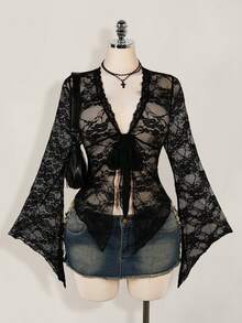 SHEIN ICON 加大码 Y2K 女式西部乡村音乐会波西米亚嬉皮哥特透明勃艮第性感蕾丝扭纹前长袖开衫，适合万圣节 - 黑色 - 查看 1