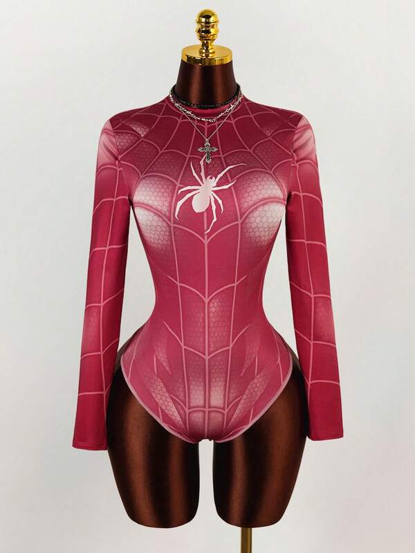 Amplova Mono de manga larga con ajuste ceñido con estampado de araña y telaraña de moda otoñal para mujer